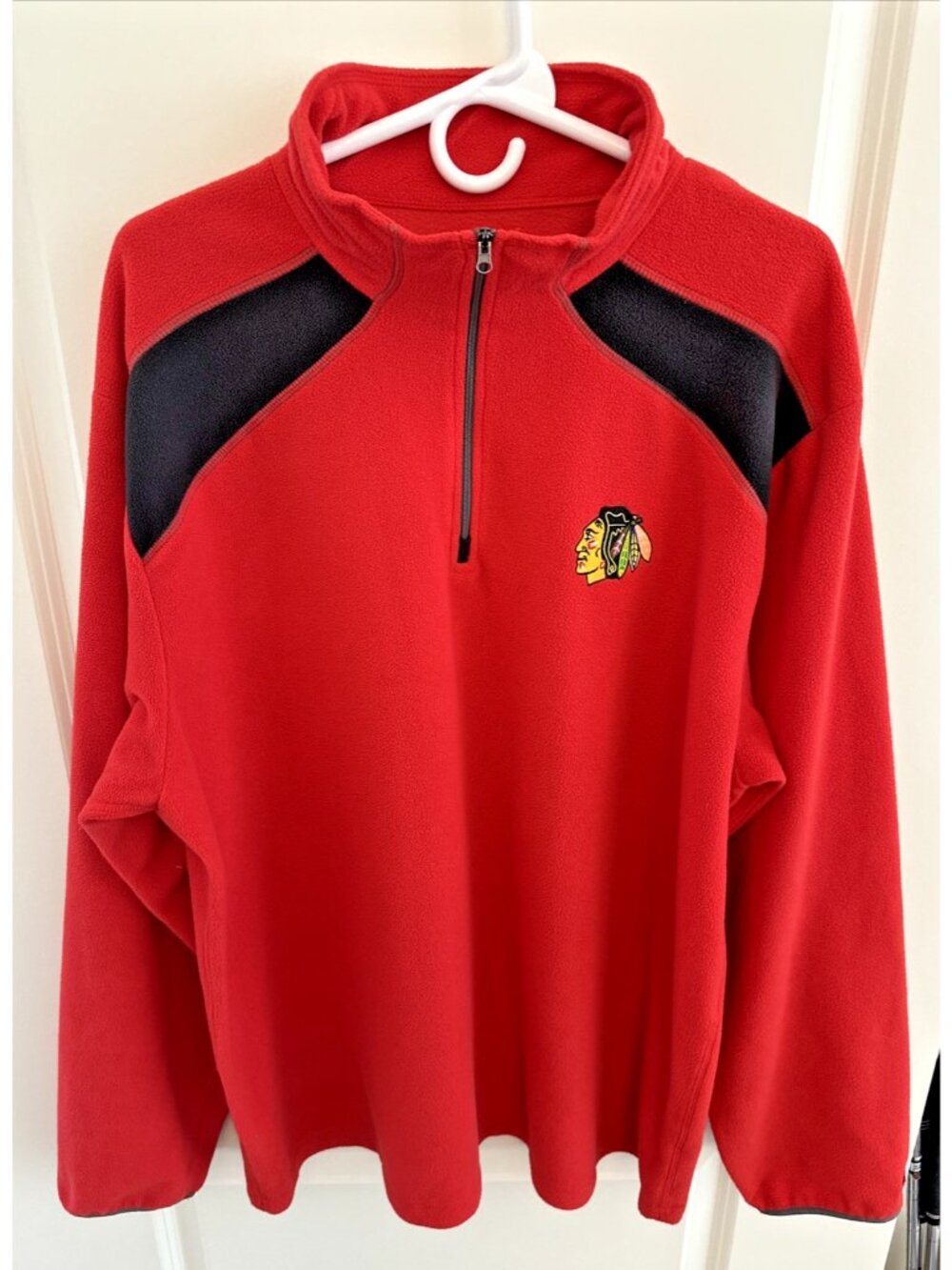 Chicago Blackhawks Majestic NHL Fleece Jacket 1/4 Zip Mens XL Stand-Up Red Black